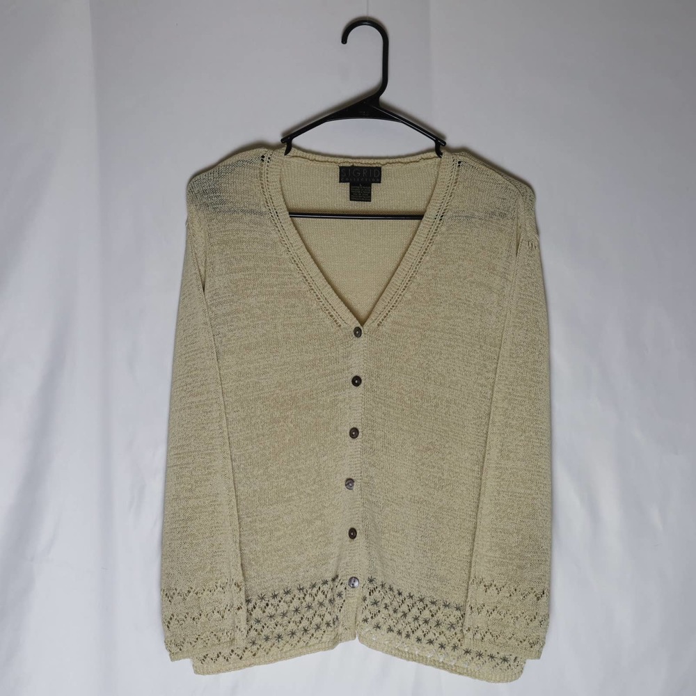 Sigrid Olsen Knit Cardigan Womens L Beige Long Sleeve Button Up Top 90s Vtg
